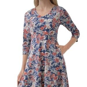 NWT Pact Organic Cotton Blend Fit Flare S 3/4 Sleeve Floral‎ Cosmos Party Dress